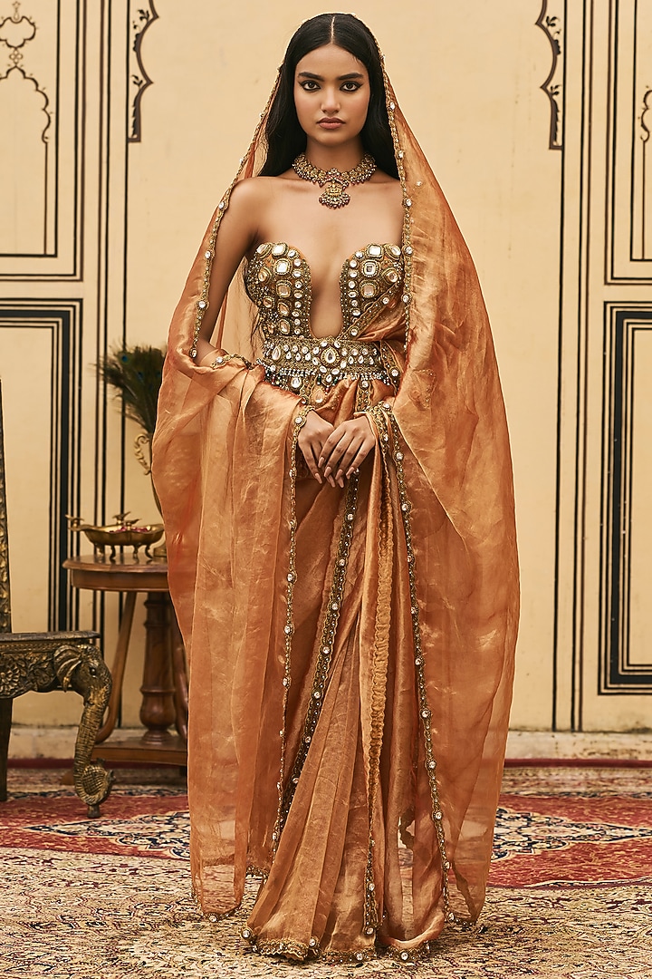 Rust Orange Silk Tissue Bridal Saree Set by ITRH at Pernia's Pop Up Shop