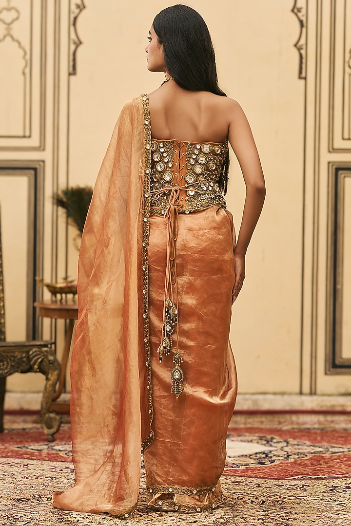 Rust Orange Silk Tissue Bridal Saree Set by ITRH at Pernia's Pop Up Shop