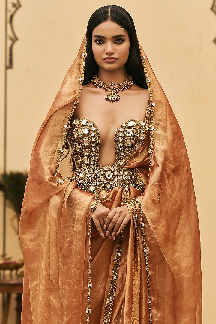 Rust Orange Silk Tissue Bridal Saree Set by ITRH at Pernia's Pop Up Shop