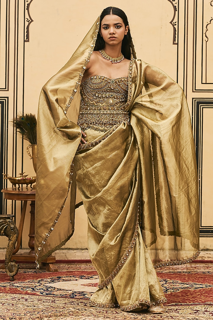 Bright Moss Green Tissue Bridal Saree Set by ITRH at Pernia's Pop Up Shop