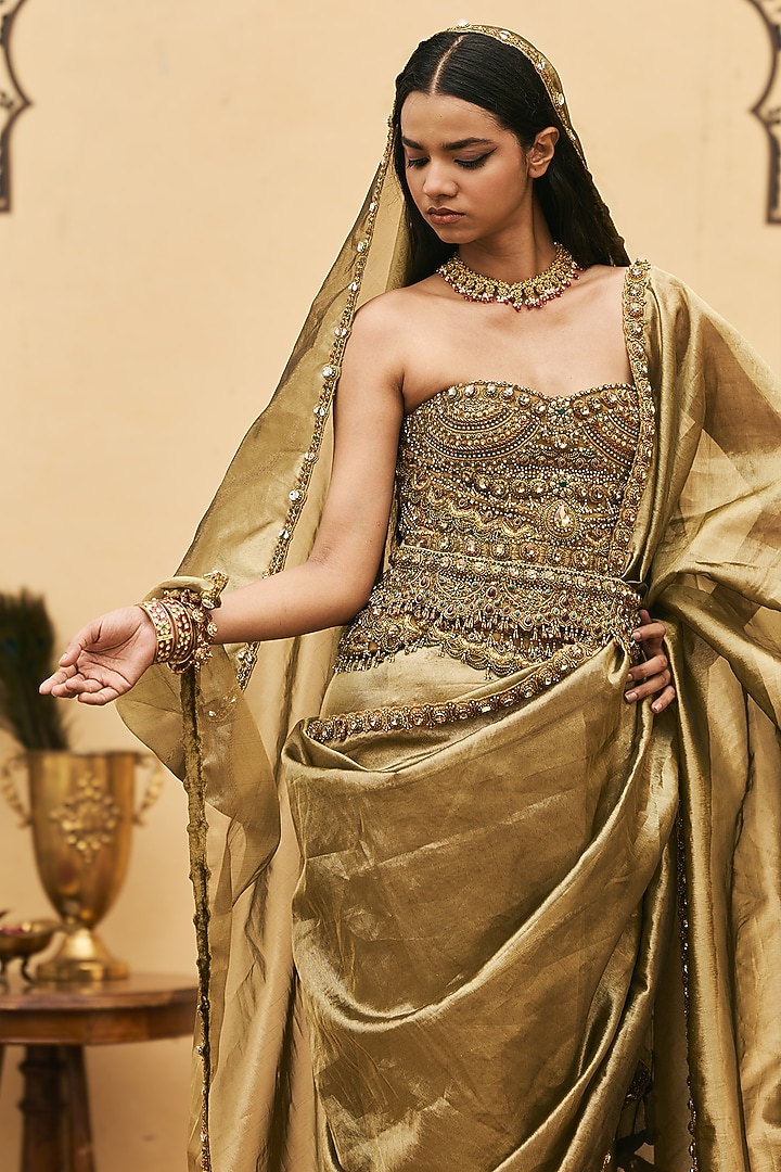 Bright Moss Green Tissue Bridal Saree Set by ITRH at Pernia's Pop Up Shop