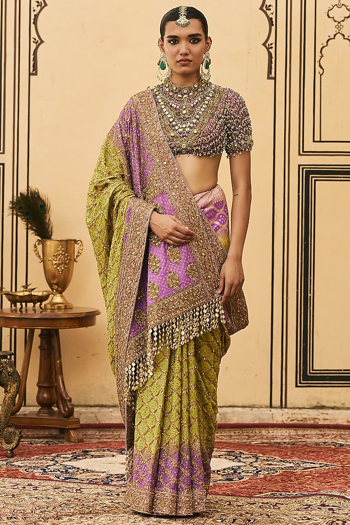 Purple & Lime Green Ombre Georgette Bridal Saree Set by ITRH at Pernia's Pop Up Shop