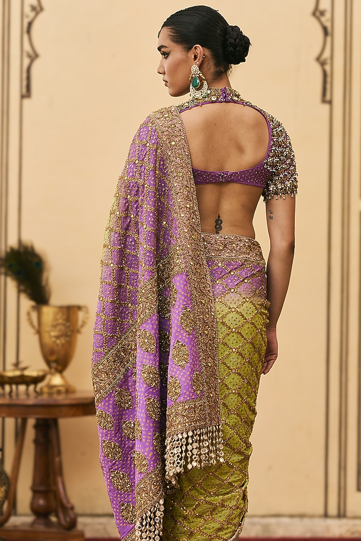 Purple & Lime Green Ombre Georgette Bridal Saree Set by ITRH at Pernia's Pop Up Shop