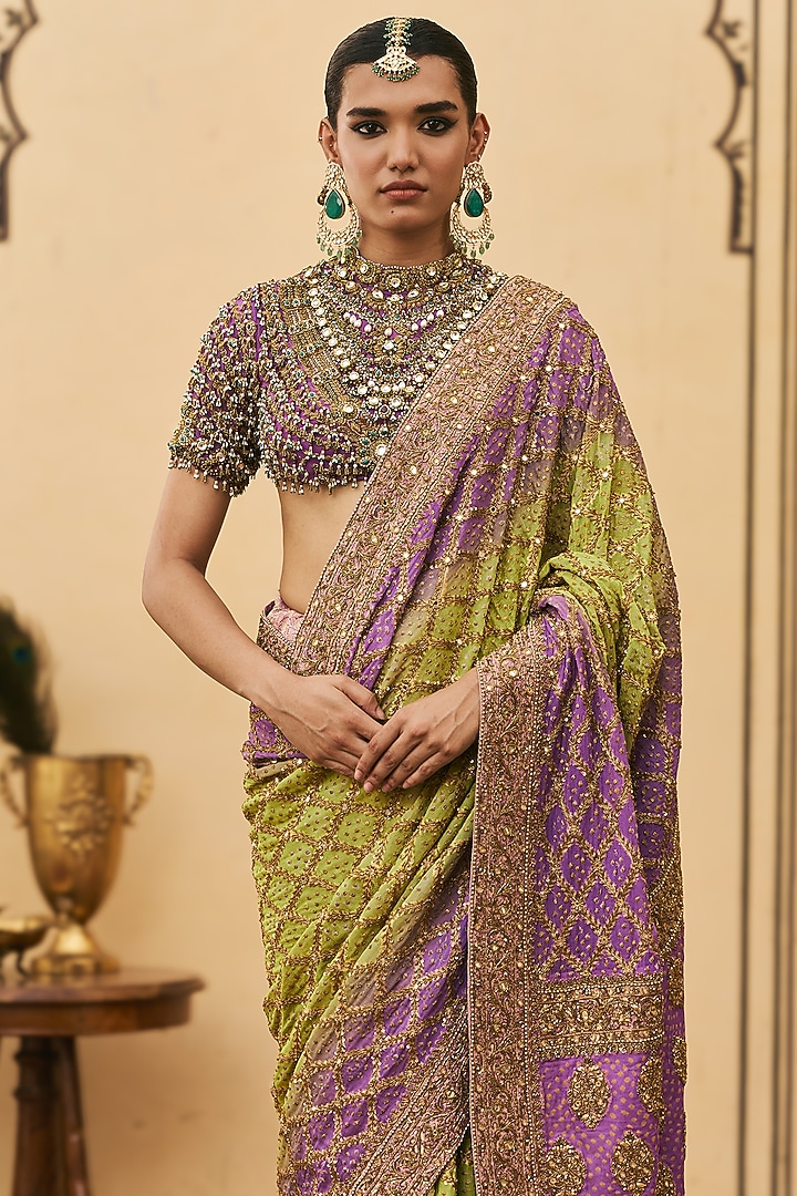Purple & Lime Green Ombre Georgette Bridal Saree Set by ITRH at Pernia's Pop Up Shop