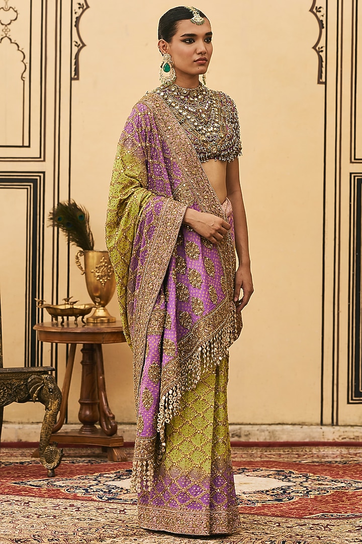 Purple & Lime Green Ombre Georgette Bridal Saree Set by ITRH at Pernia's Pop Up Shop