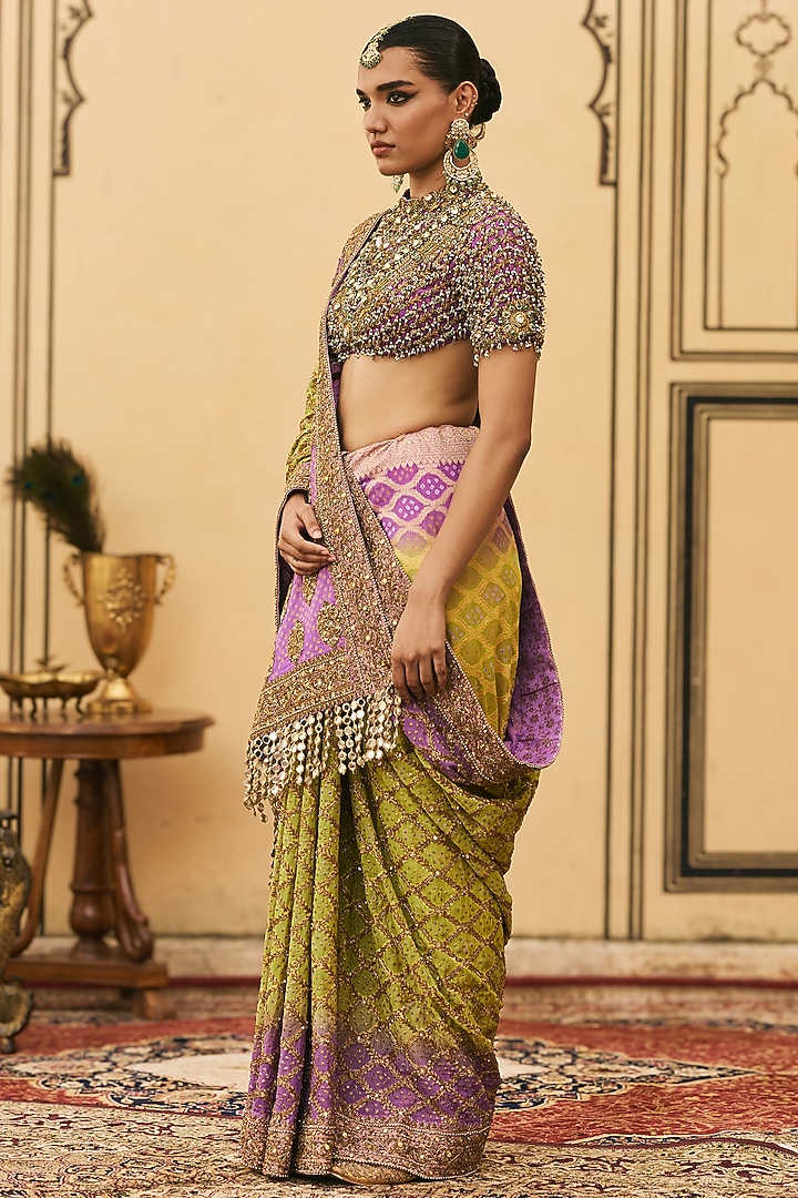 Purple & Lime Green Ombre Georgette Bridal Saree Set by ITRH at Pernia's Pop Up Shop