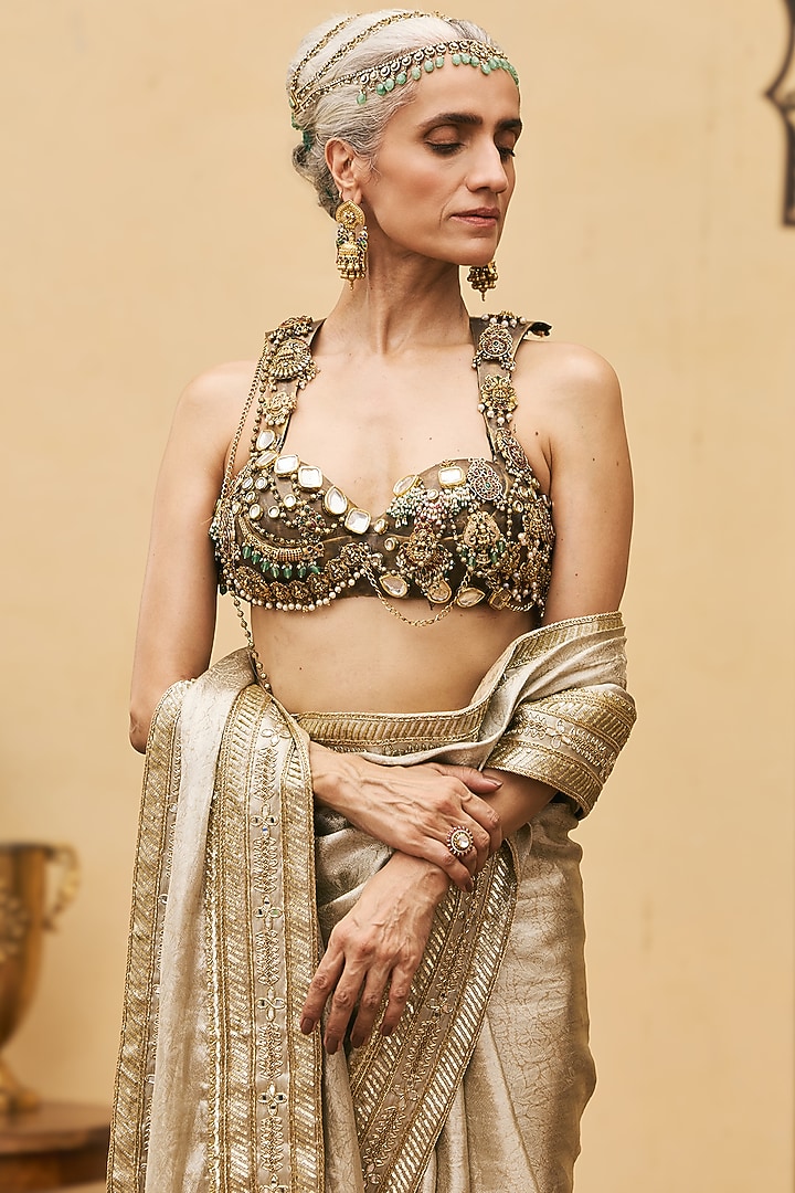 Light Gold Tissue Brocade Bridal Saree Set by ITRH at Pernia's Pop Up Shop