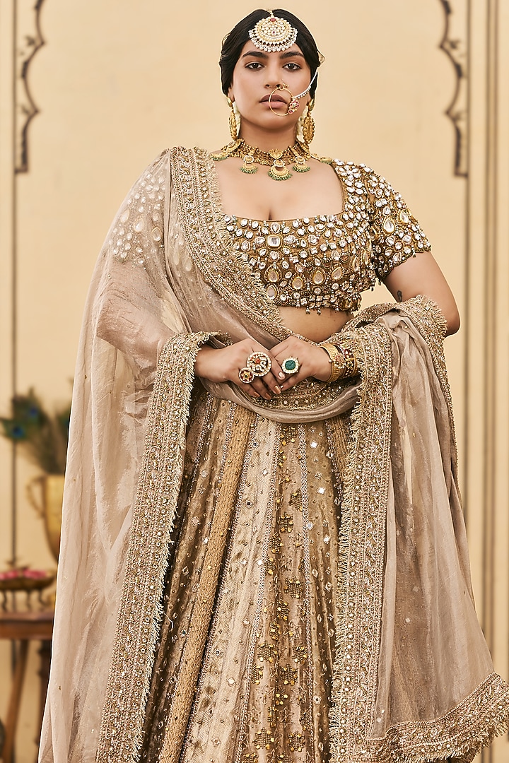 Gold Tissue Brocade Bridal Lehenga Set by ITRH at Pernia's Pop Up Shop