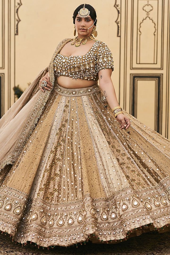 Gold Tissue Brocade Bridal Lehenga Set by ITRH at Pernia's Pop Up Shop