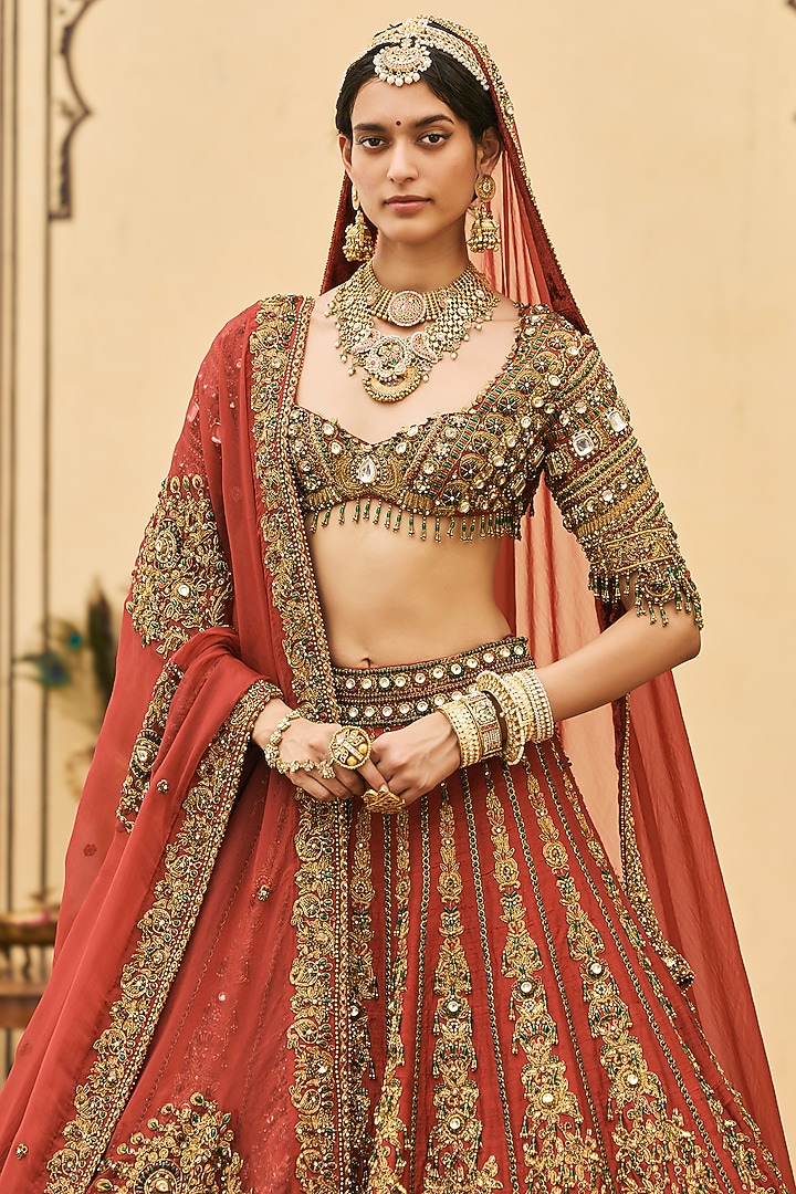 Red Raw Silk Bridal Lehenga Set by ITRH at Pernia's Pop Up Shop