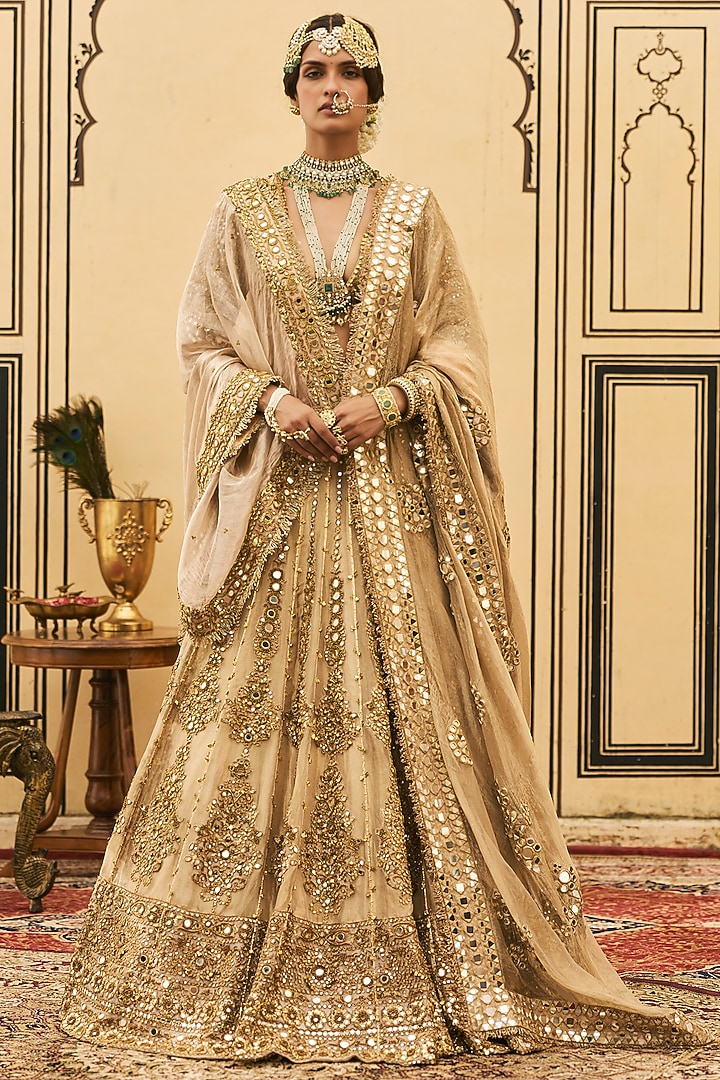 Gold Tissue Zardosi Embroidered Bridal Lehenga Set by ITRH at Pernia's Pop Up Shop