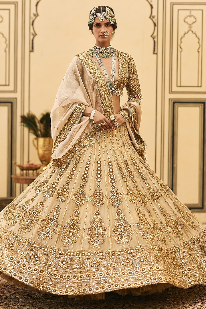 Gold Tissue Zardosi Embroidered Bridal Lehenga Set by ITRH at Pernia's Pop Up Shop