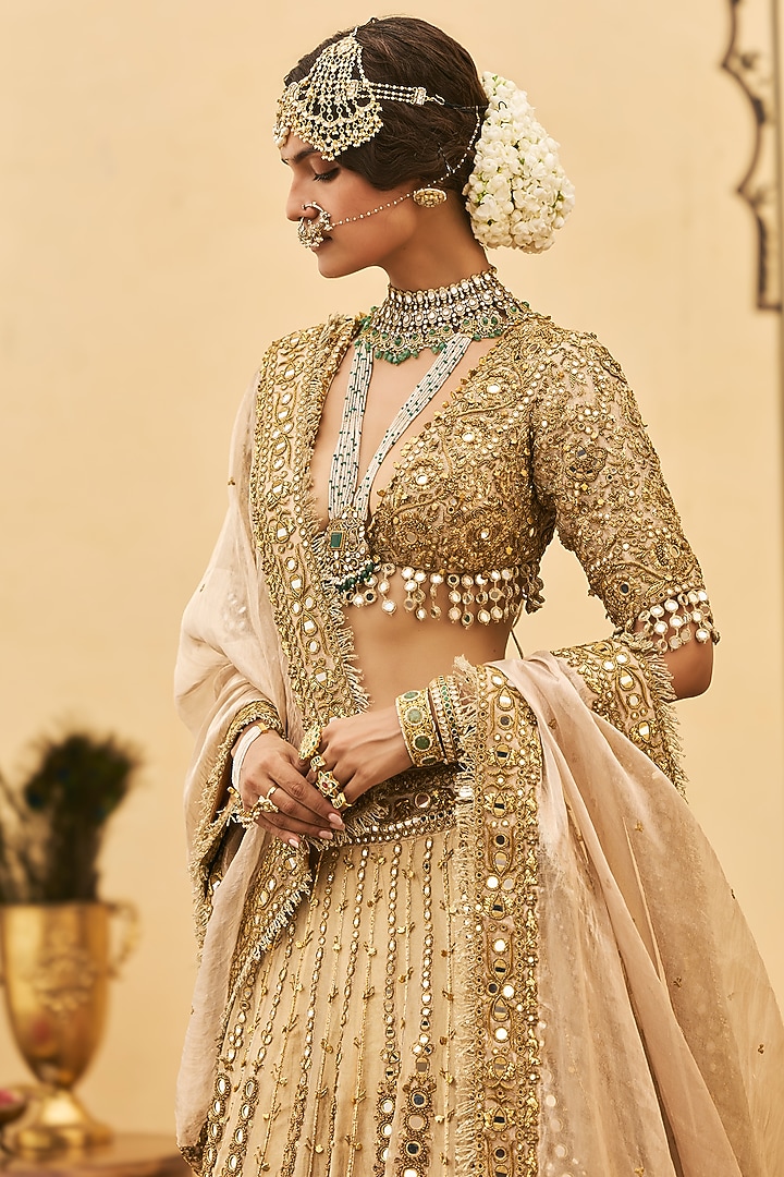 Gold Tissue Zardosi Embroidered Bridal Lehenga Set by ITRH at Pernia's Pop Up Shop