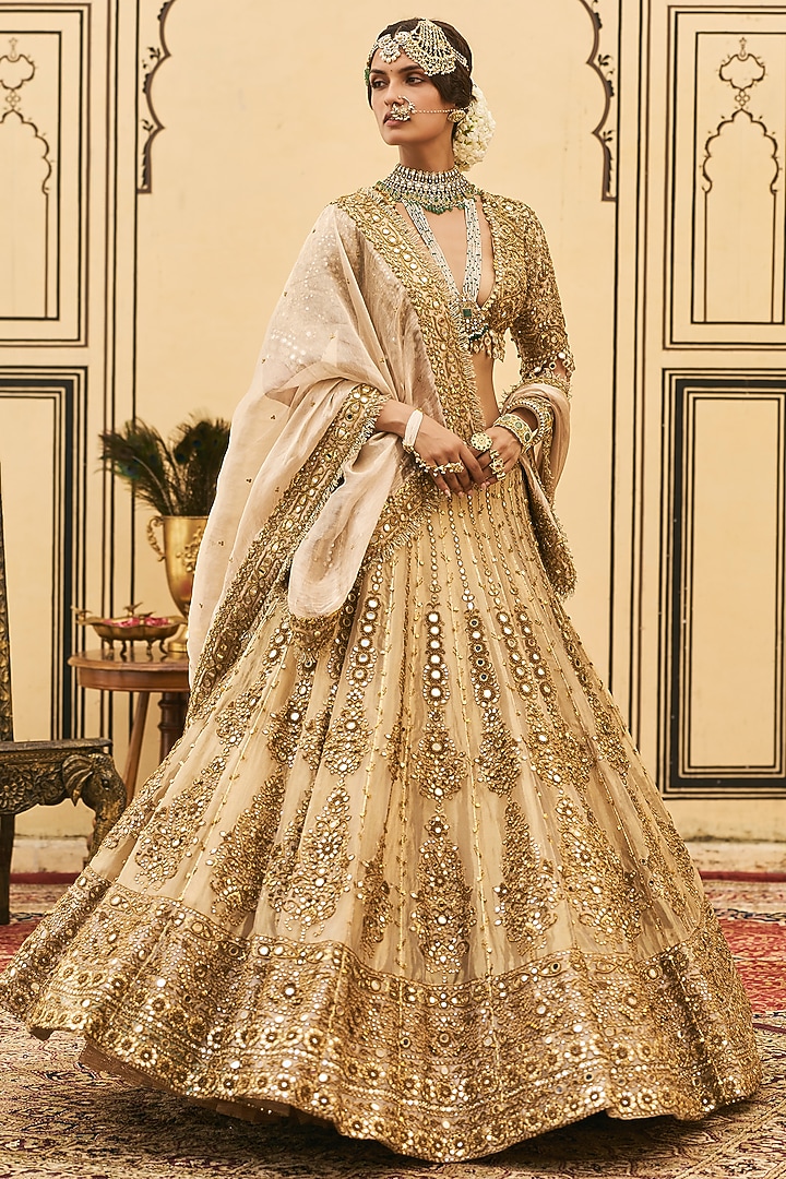 Gold Tissue Zardosi Embroidered Bridal Lehenga Set by ITRH at Pernia's Pop Up Shop