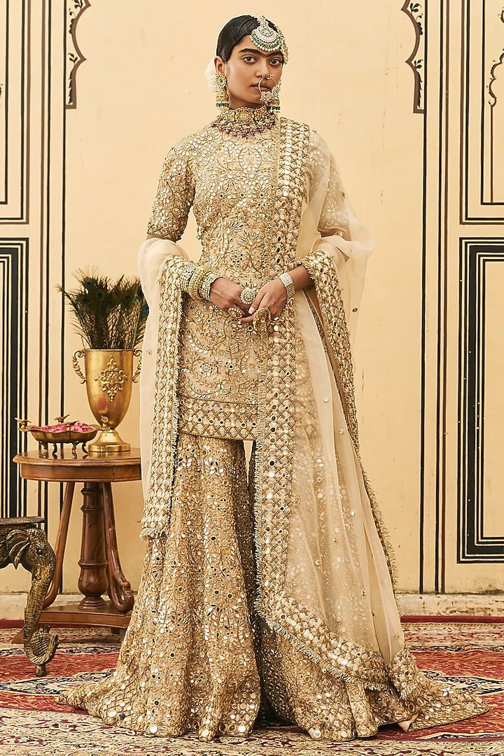 Gold Organza Embroidered Gharara Set by ITRH at Pernia's Pop Up Shop
