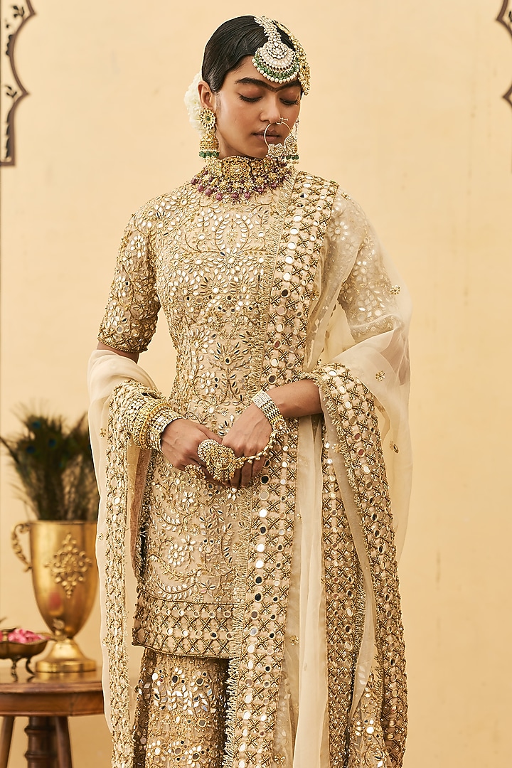 Gold Organza Embroidered Gharara Set by ITRH at Pernia's Pop Up Shop