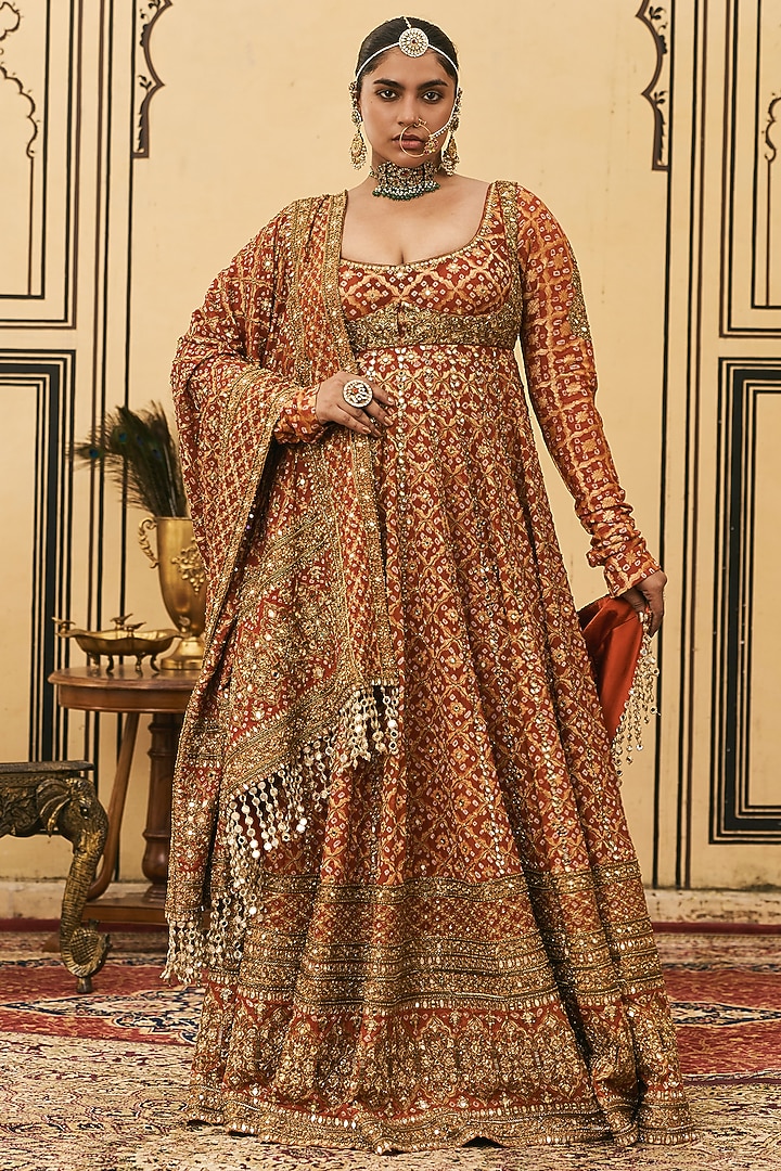 Rust Bandhani Zardosi Embroidered Bridal Anarkali Se by ITRH at Pernia's Pop Up Shop