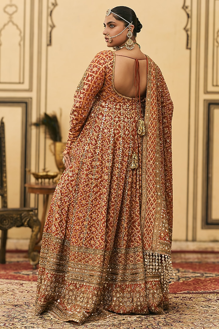 Rust Bandhani Zardosi Embroidered Bridal Anarkali Se by ITRH at Pernia's Pop Up Shop