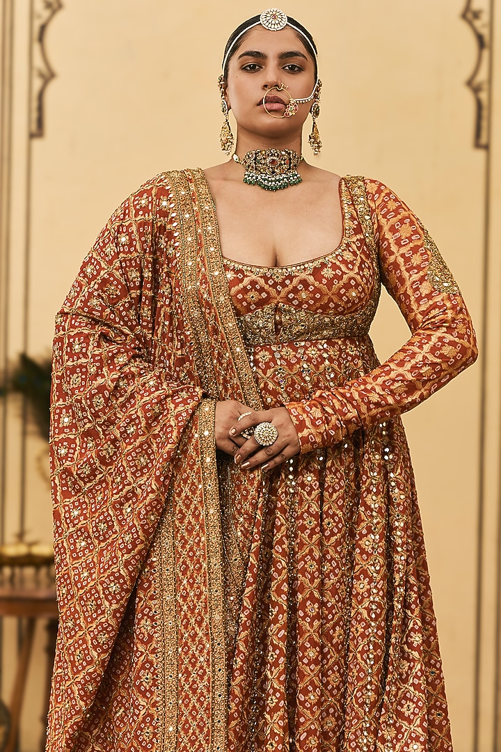 Rust Bandhani Zardosi Embroidered Bridal Anarkali Se by ITRH at Pernia's Pop Up Shop