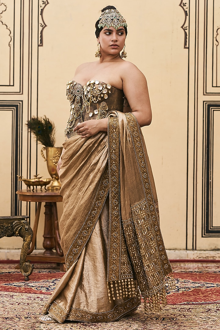 Antique Gold Tissue Brocade Embroidered Bridal Saree Set by ITRH at Pernia's Pop Up Shop