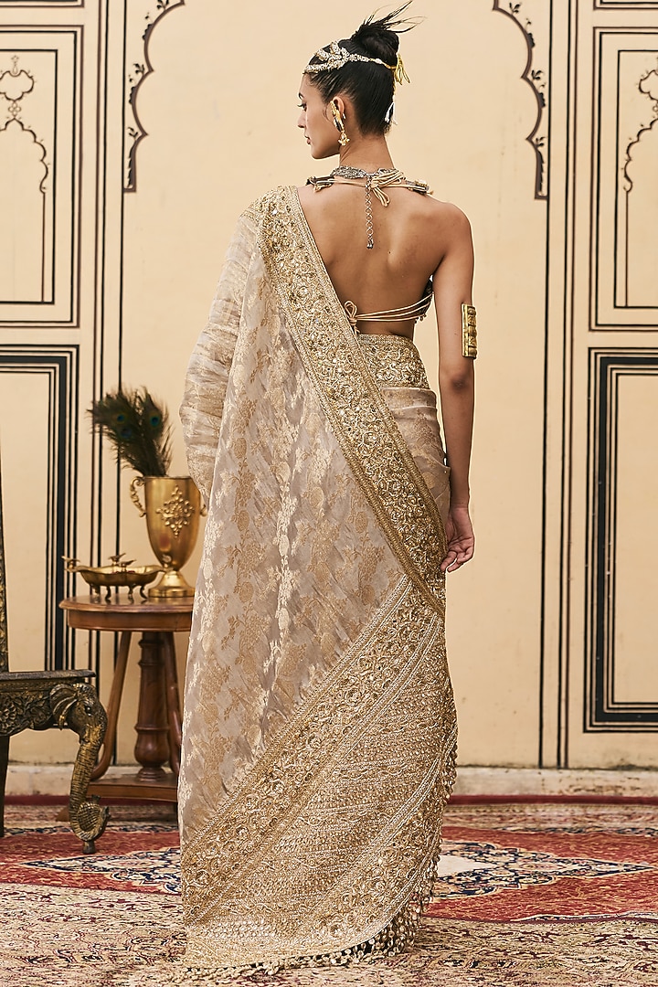 Silver Grey Tissue Brocade Embroidered Bridal Saree Set by ITRH at Pernia's Pop Up Shop