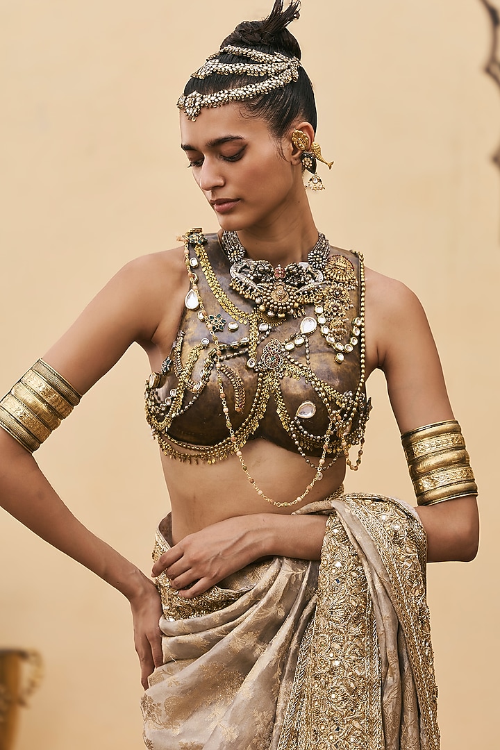 Silver Grey Tissue Brocade Embroidered Bridal Saree Set by ITRH at Pernia's Pop Up Shop