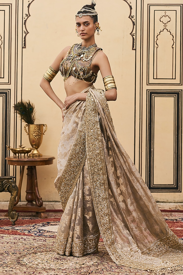 Silver Grey Tissue Brocade Embroidered Bridal Saree Set by ITRH at Pernia's Pop Up Shop