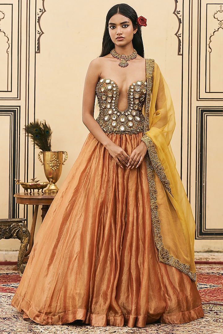 Rust & Mustard Silk Tissue Brocade Bridal Lehenga Set by ITRH at Pernia's Pop Up Shop
