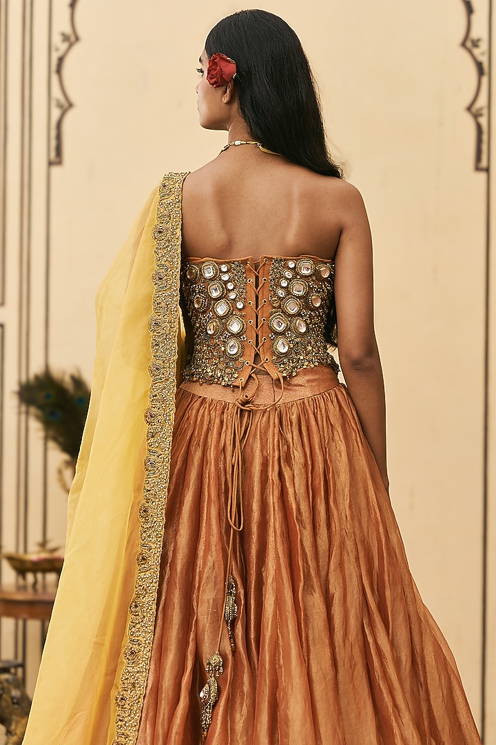 Rust & Mustard Silk Tissue Brocade Bridal Lehenga Set by ITRH at Pernia's Pop Up Shop