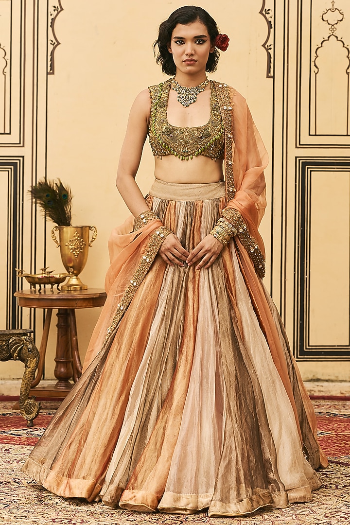 Multi-Colored Silk Tissue Brocade Bridal Lehenga Set by ITRH at Pernia's Pop Up Shop