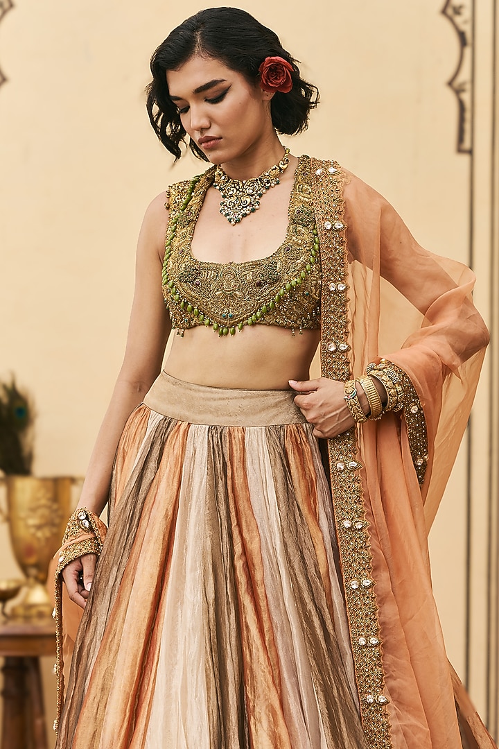 Multi-Colored Silk Tissue Brocade Bridal Lehenga Set by ITRH at Pernia's Pop Up Shop