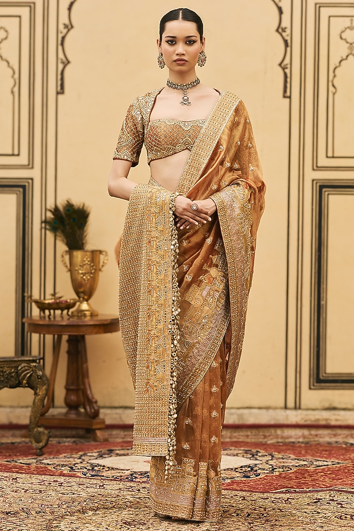 Peach Tissue Brocade Embroidered Bridal Saree Set by ITRH at Pernia's Pop Up Shop