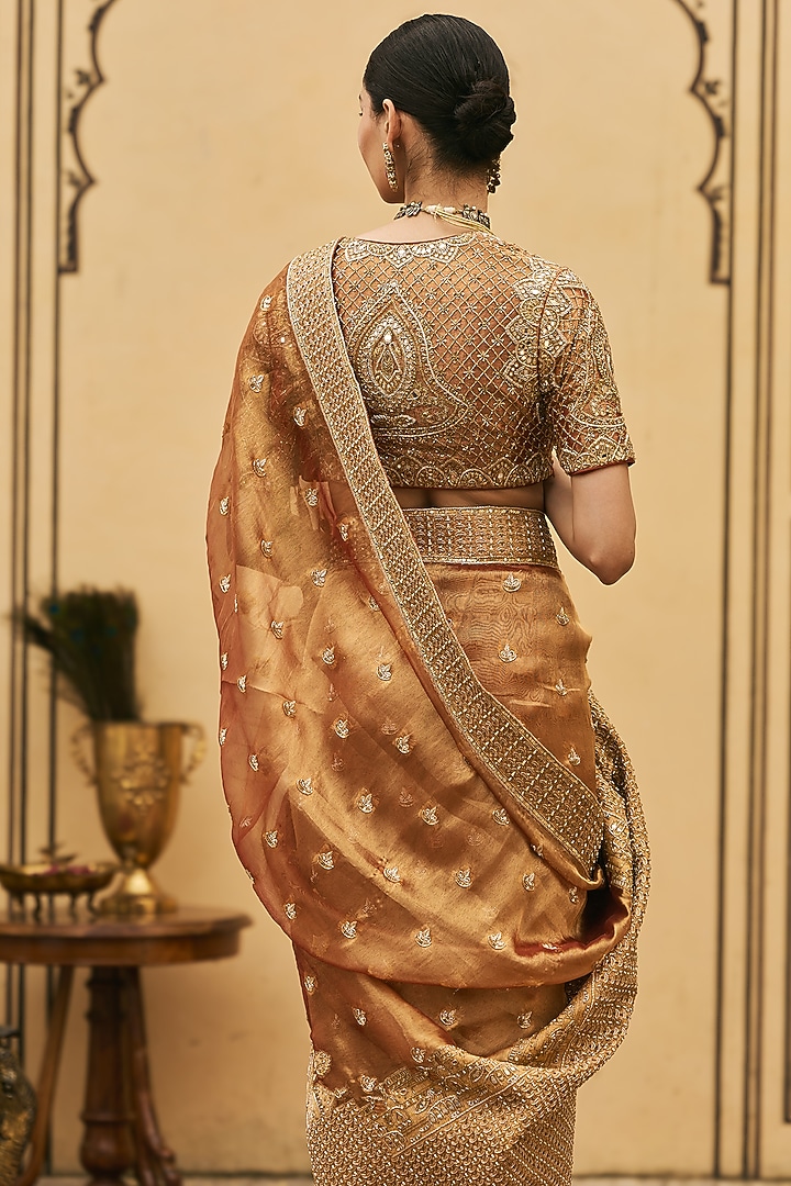 Peach Tissue Brocade Embroidered Bridal Saree Set by ITRH at Pernia's Pop Up Shop