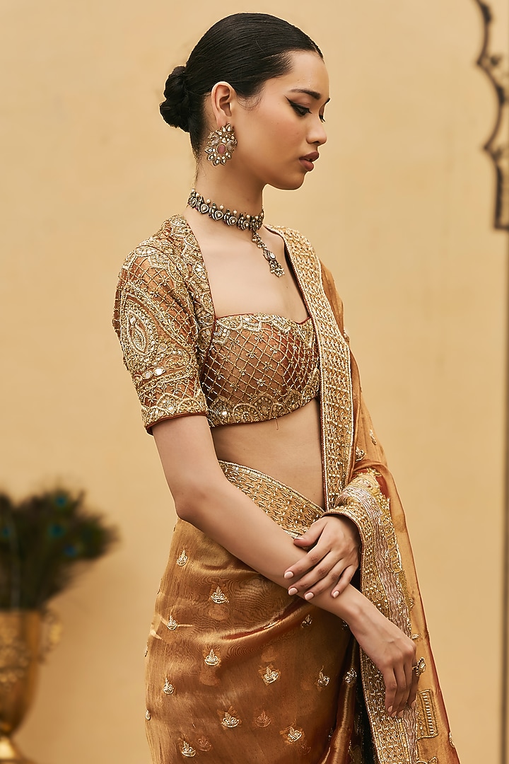 Peach Tissue Brocade Embroidered Bridal Saree Set by ITRH at Pernia's Pop Up Shop