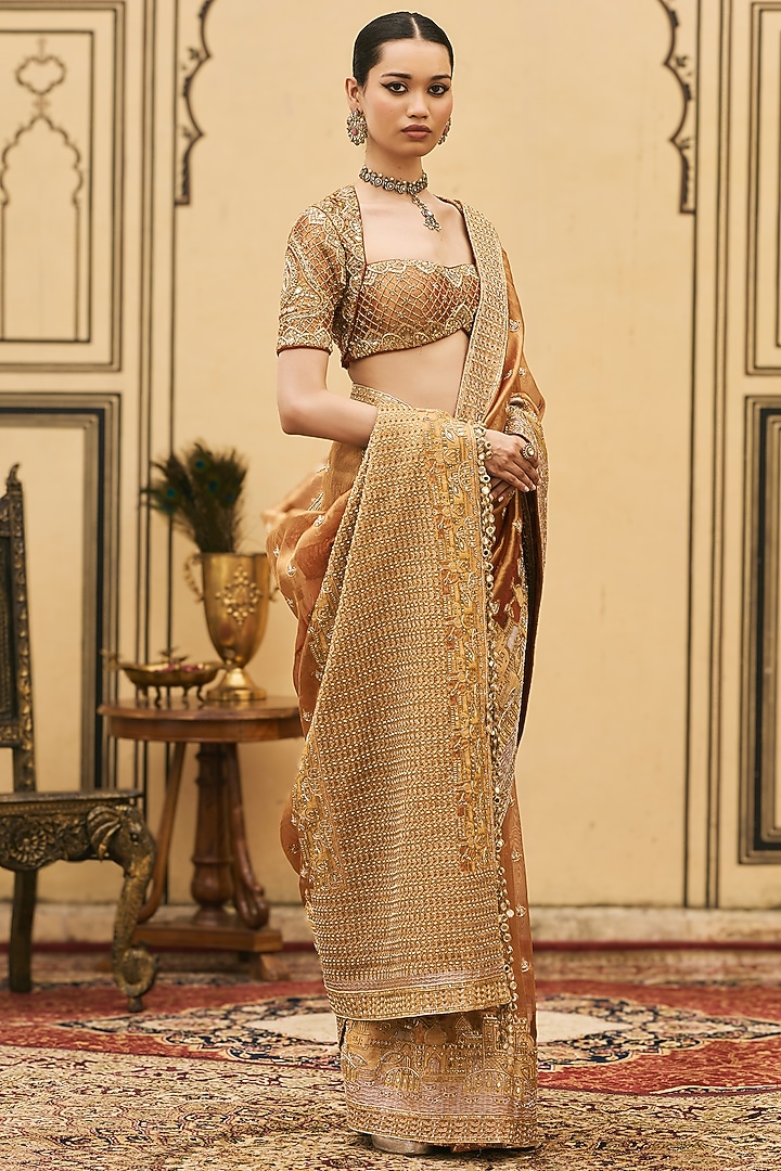 Peach Tissue Brocade Embroidered Bridal Saree Set by ITRH at Pernia's Pop Up Shop