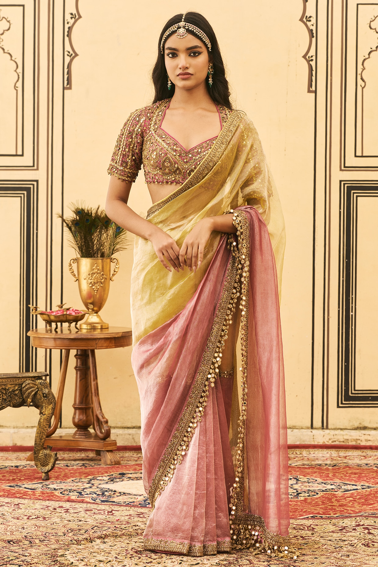 ITRH Yellow & Pink Tissue Zardosi Embroidered Saree Set