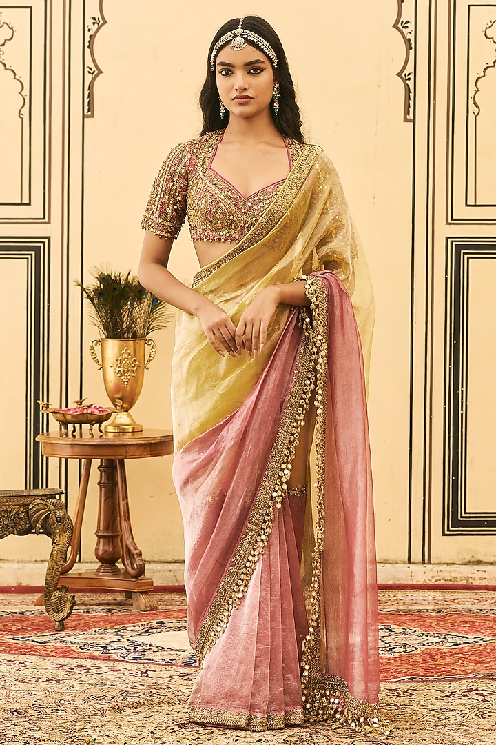 Yellow & Pink Tissue Zardosi Embroidered Bridal Saree Set by ITRH at Pernia's Pop Up Shop