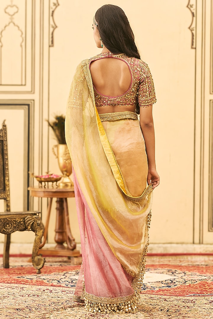 Yellow & Pink Tissue Zardosi Embroidered Bridal Saree Set by ITRH at Pernia's Pop Up Shop