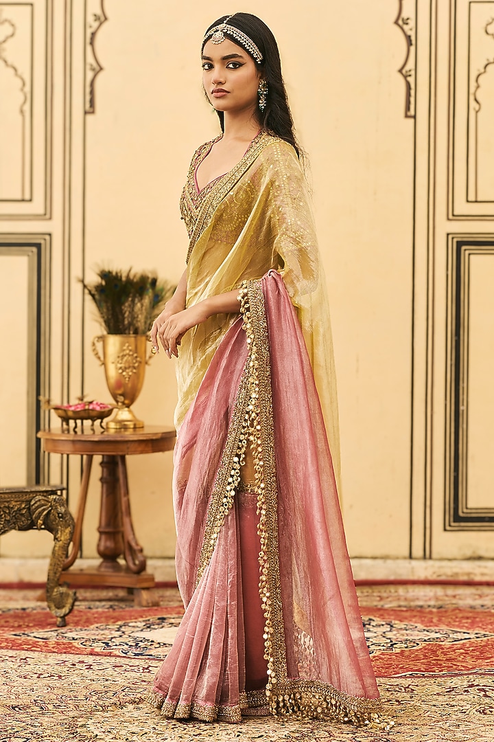 Yellow & Pink Tissue Zardosi Embroidered Bridal Saree Set by ITRH at Pernia's Pop Up Shop