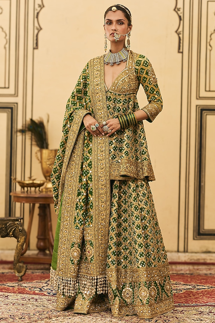 Green Bandhani Embroidered Bridal Sharara Set by ITRH at Pernia's Pop Up Shop