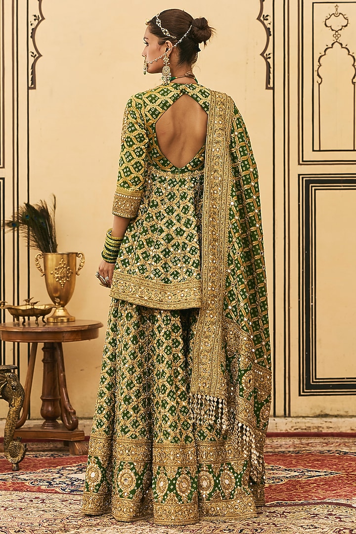 Green Bandhani Embroidered Bridal Sharara Set by ITRH at Pernia's Pop Up Shop