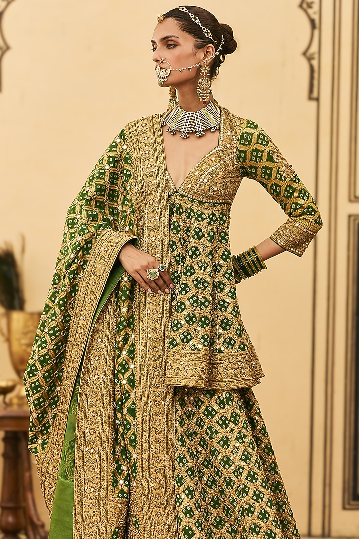 Green Bandhani Embroidered Bridal Sharara Set by ITRH at Pernia's Pop Up Shop
