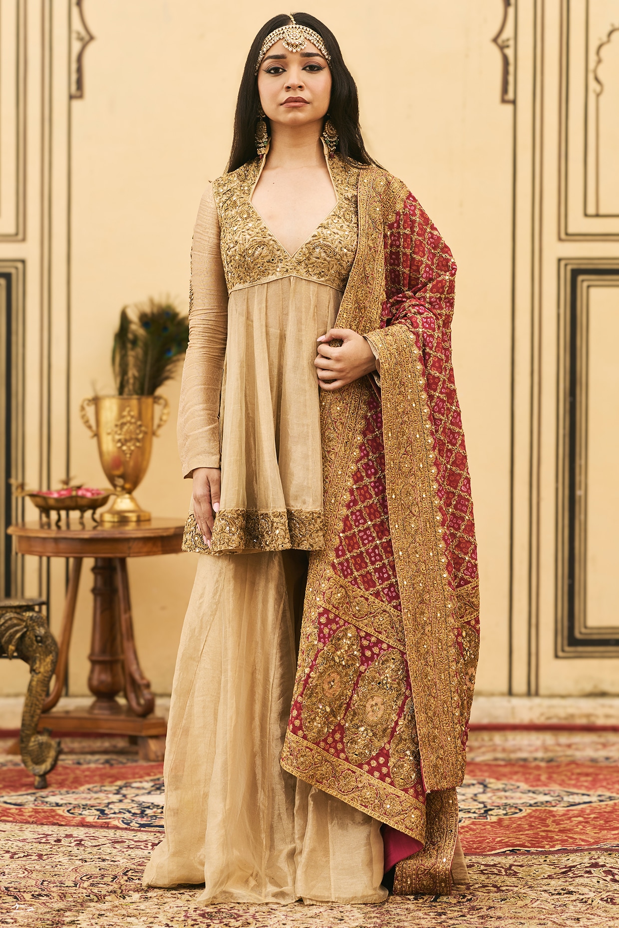 ITRH Gold Tissue Sharara Set