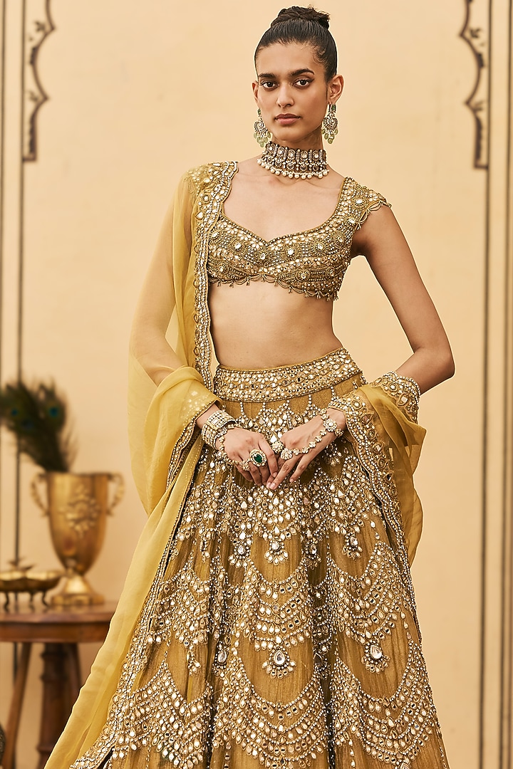 Mustard Tissue Embellished Bridal Lehenga Set by ITRH at Pernia's Pop Up Shop