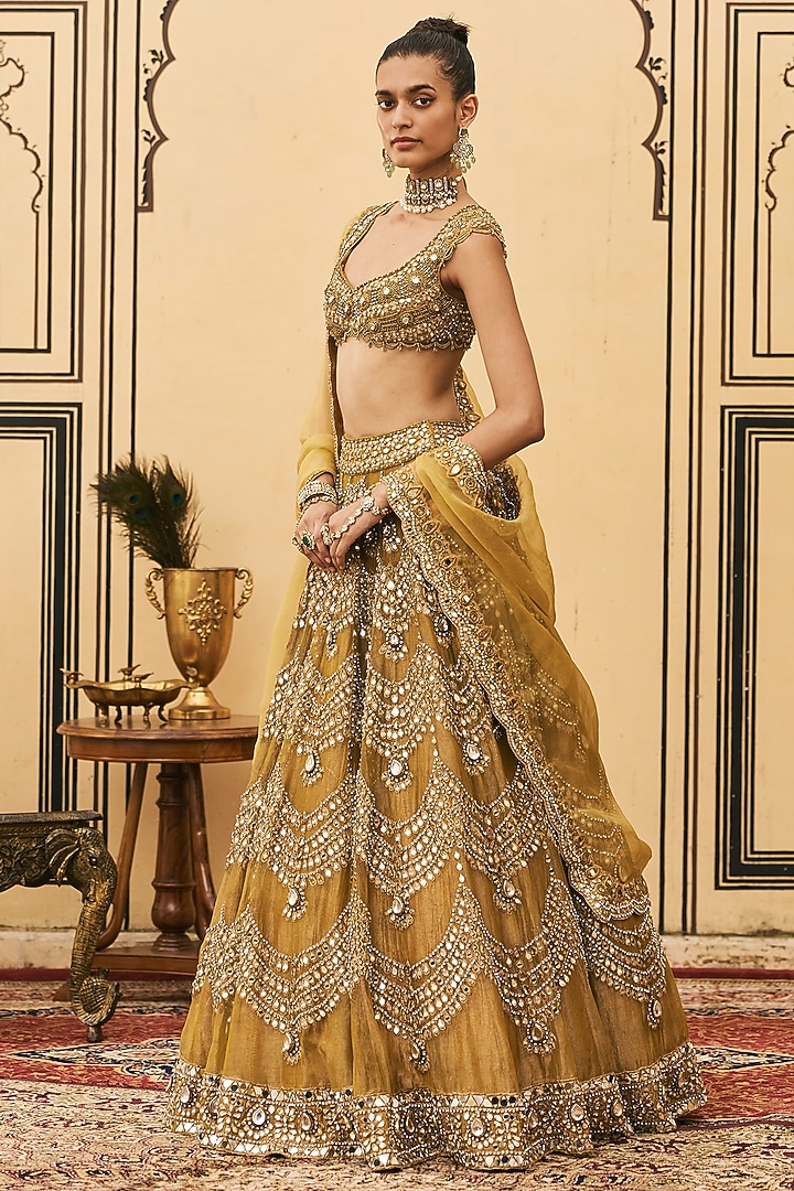 Mustard Tissue Embellished Bridal Lehenga Set by ITRH at Pernia's Pop Up Shop