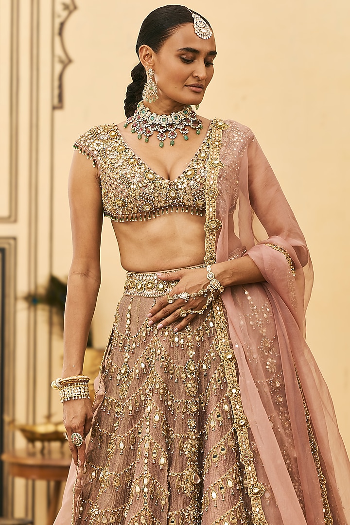 Pink Tissue Embroidered Bridal Lehenga Set by ITRH at Pernia's Pop Up Shop