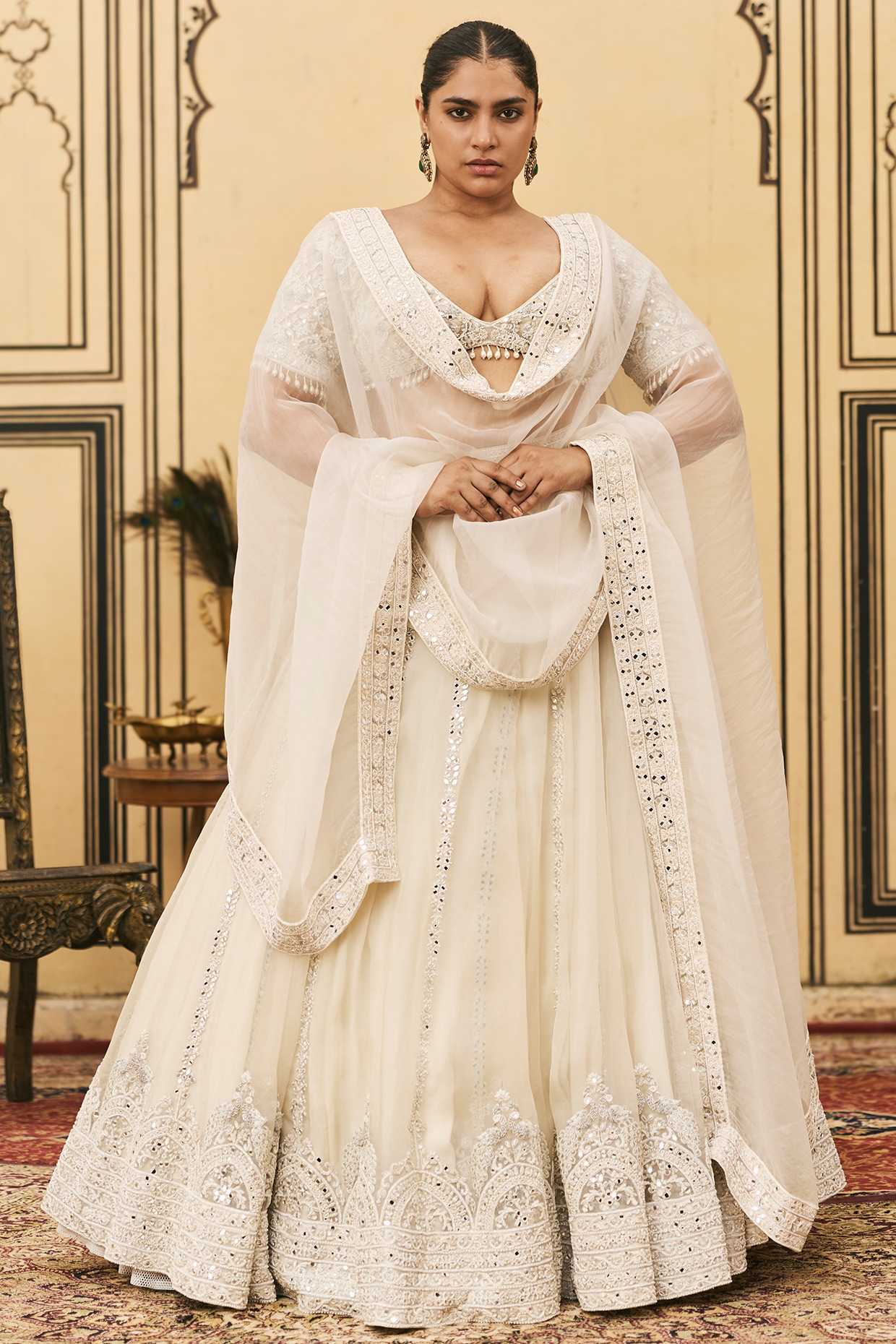 ITRH Ivory Organza Embroidered Draped Lehenga Set