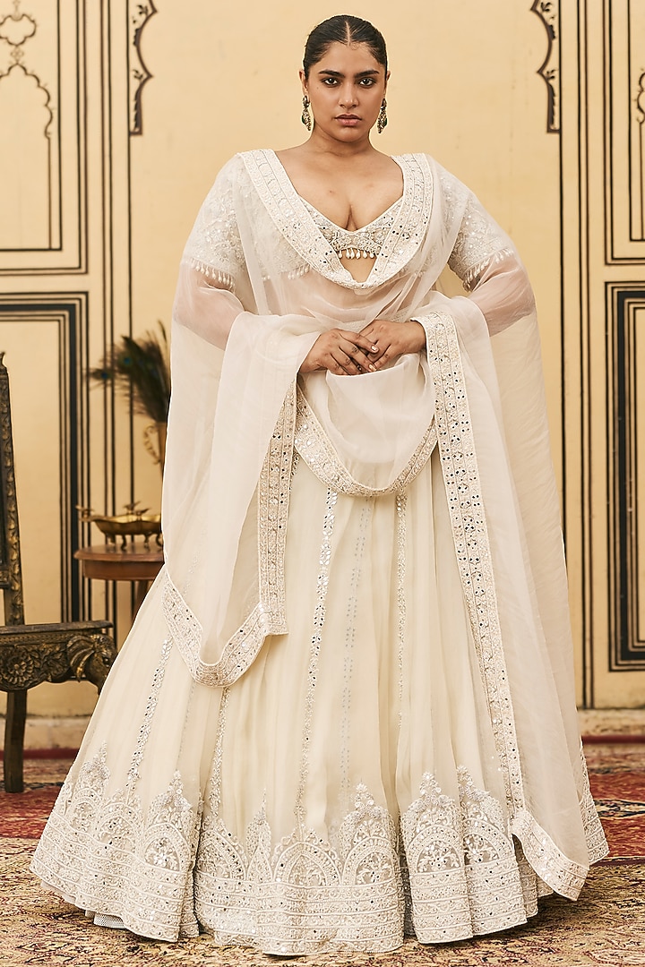 Ivory Organza Embroidered Draped Bridal Lehenga Set by ITRH at Pernia's Pop Up Shop