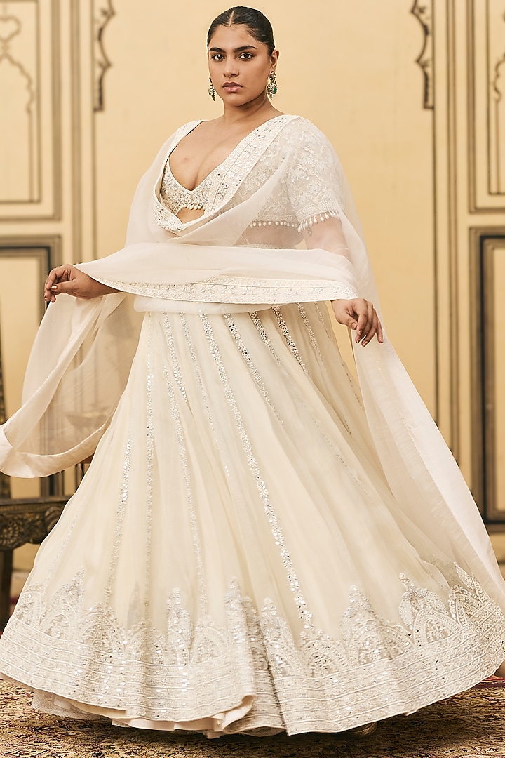 Ivory Organza Embroidered Draped Bridal Lehenga Set by ITRH at Pernia's Pop Up Shop