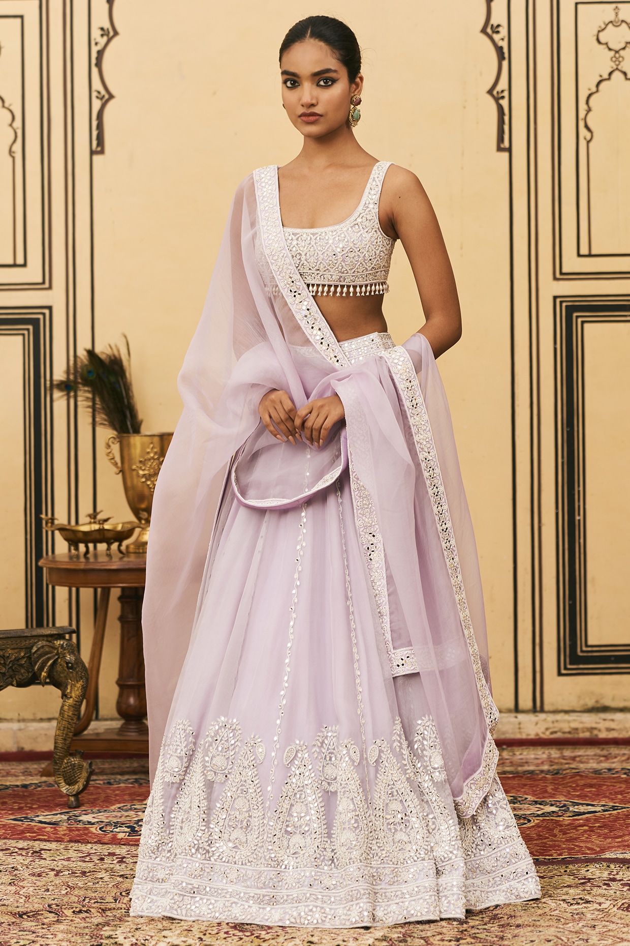 ITRH Lilac Organza Embroidered Draped Lehenga Set